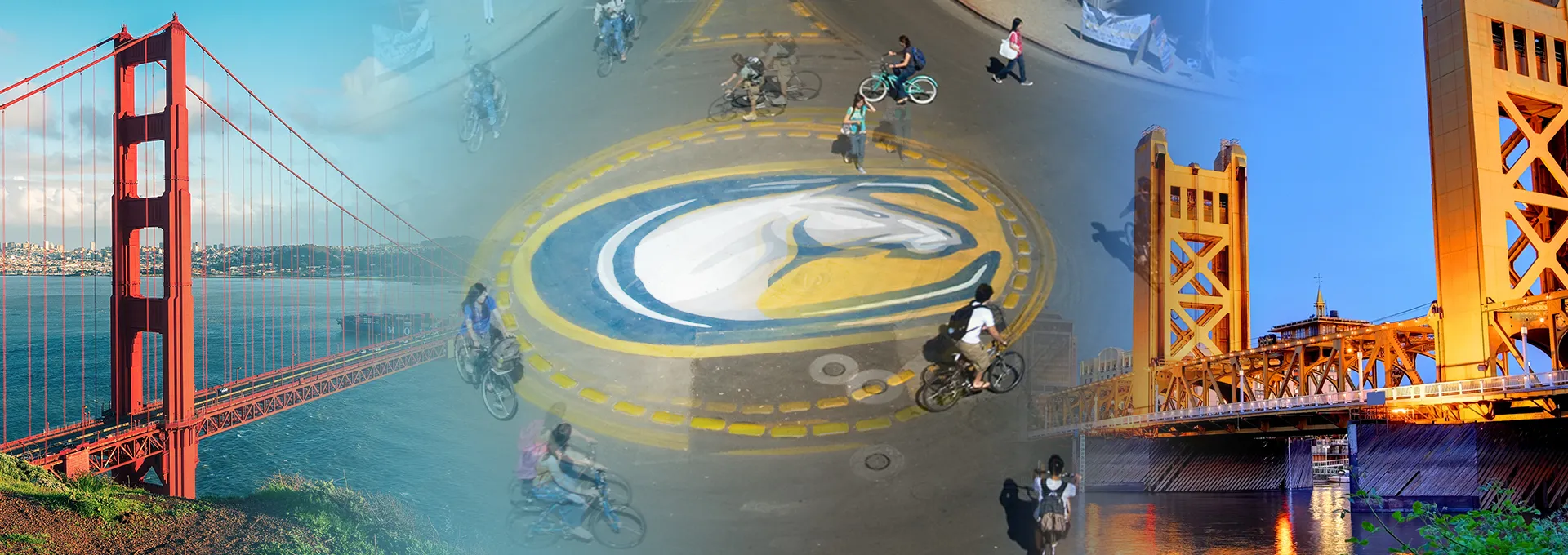 Collage of Golden Gate Bridge, UC Davis bike circle and Sacramento Tower Bridge
