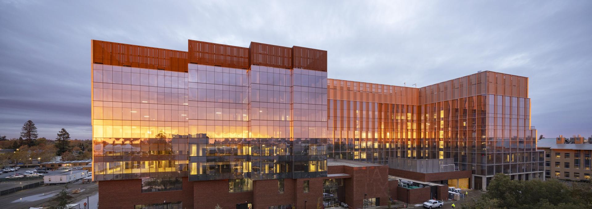 Exterior of Aggie Square at sunset