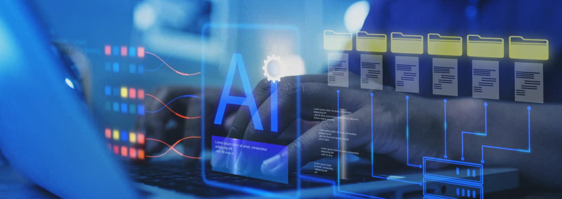 Hands typing on a laptop keyboard with digital graphics of AI, data streams, and folder icons overlaying the image, representing artificial intelligence and data processing.