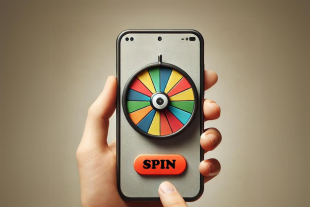 A mobile phone displaying a digital spinning wheel with colorful segments and a large red 'Spin' button below it. A hand is holding the phone, ready to spin the wheel.