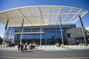 Mondavi Center front at UC Davis with people