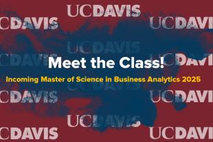Maroon background with dark blue paint splash. White UC Davis logos are scattered across the image. In the center, bold white text reads “Meet the Class!” with smaller gold text underneath: “Incoming Master of Science in Business Analytics 2025.