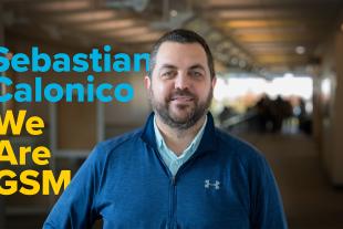 A man in a blue jacket stands indoors; text next to him reads "Sebastian Calonico We Are GSM.