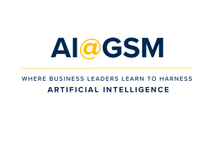 Logo for AI@GSM with tagline: "Where business leaders learn to harness artificial intelligence" on a light gray background.