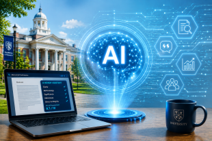 A university campus with a laptop, coffee mug, and holographic AI graphics representing manuscript review and academic research.