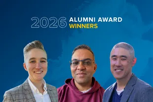 Three people stand in front of a blue background with the text "2026 Alumni Award Winners" above them.