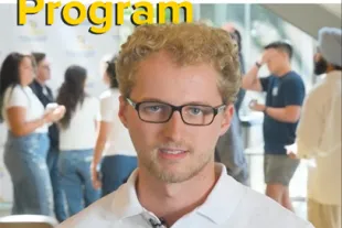 A young man wearing glasses and a white polo shirt speaks to the camera, with a group of students walking outdoors shown in an inset at the top under the text “UC Davis Graduate School of Management International Exchange Program.”