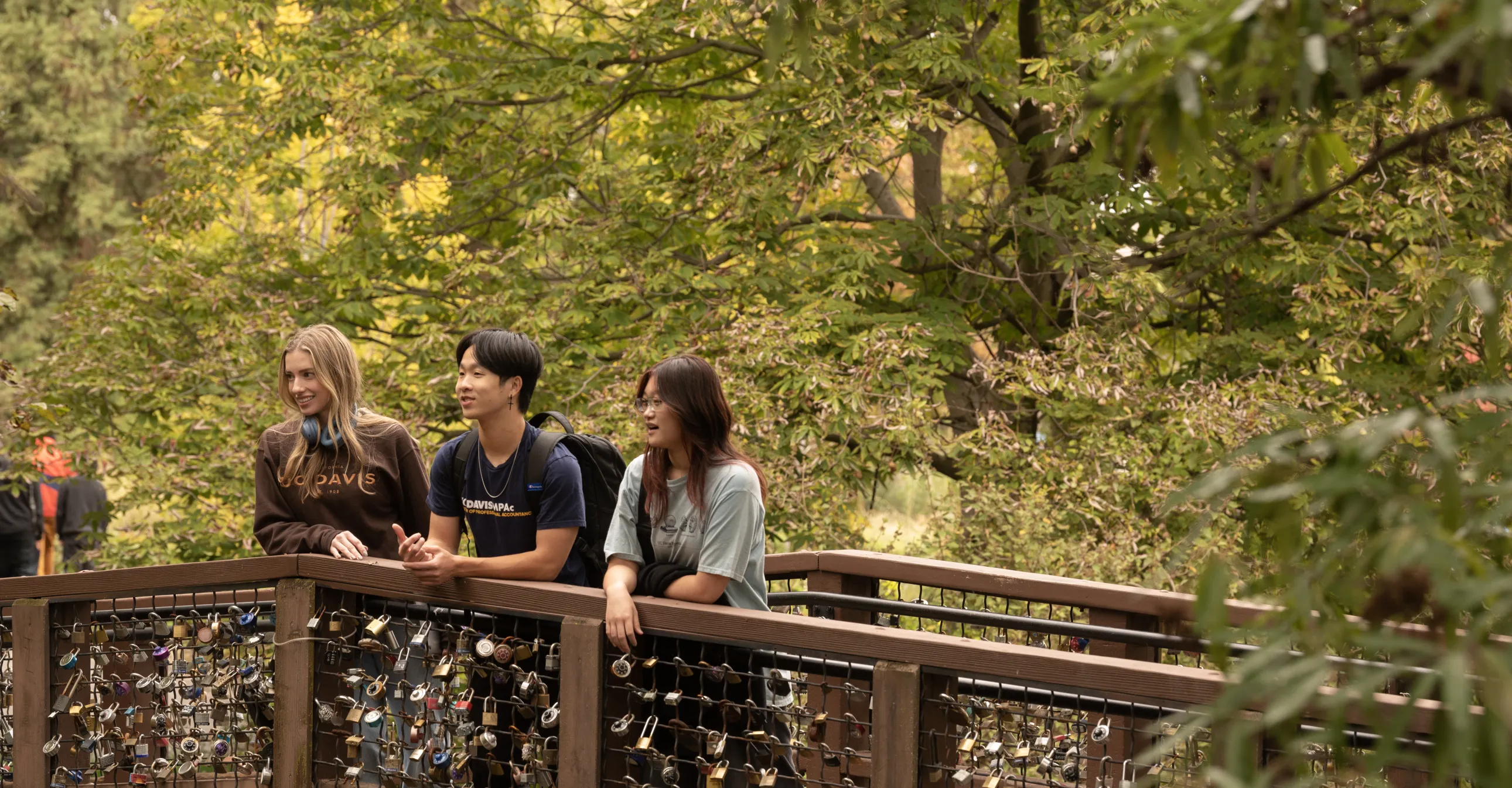 Three people stand on a wooden bridge covered with love locks, surrounded by green trees.