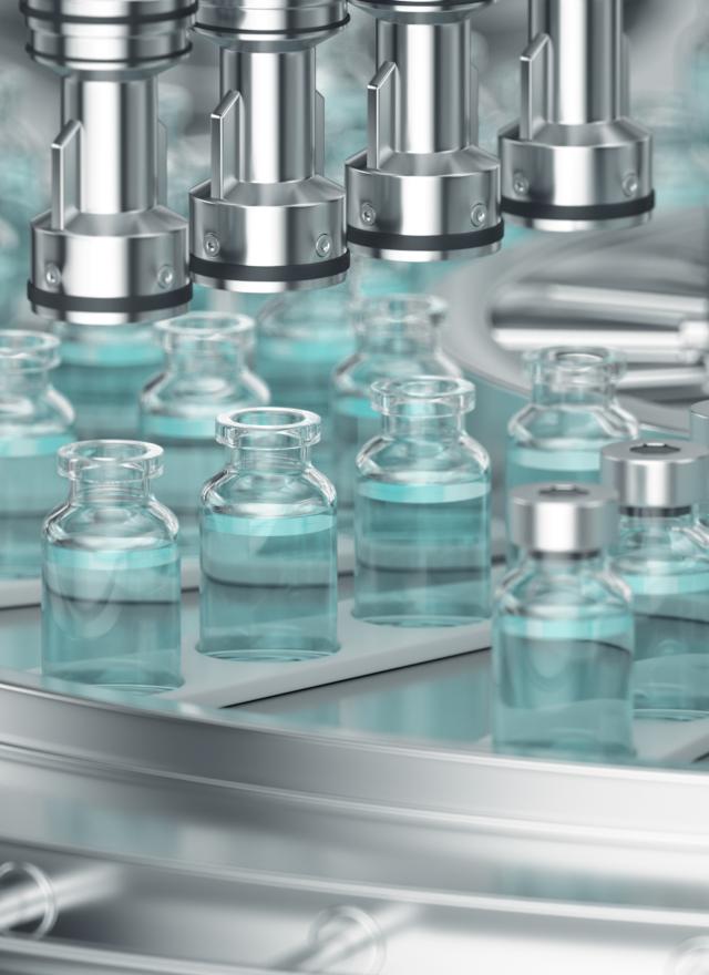 3d render. Pharmaceutical manufacture background with glass bottles with clear liquid on automatic conveyor line.