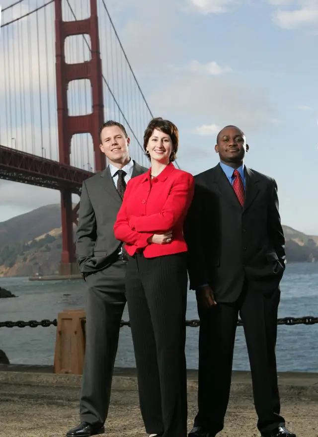 Three Bay Area MBA students in front of Golden Gate Bridge 2005