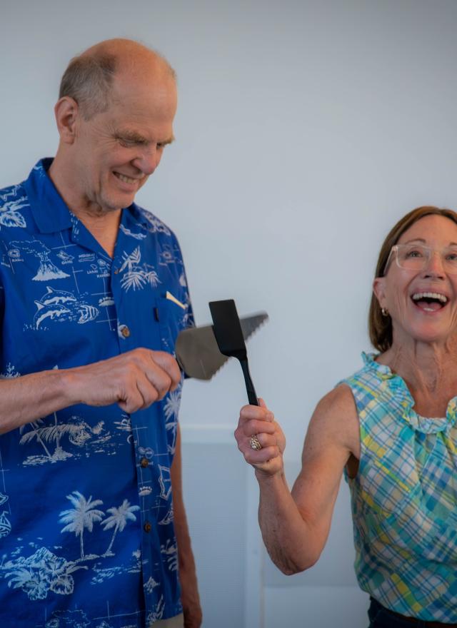 Professors David Woodruff and Hollis Skaife ham it up at their retirement celebration