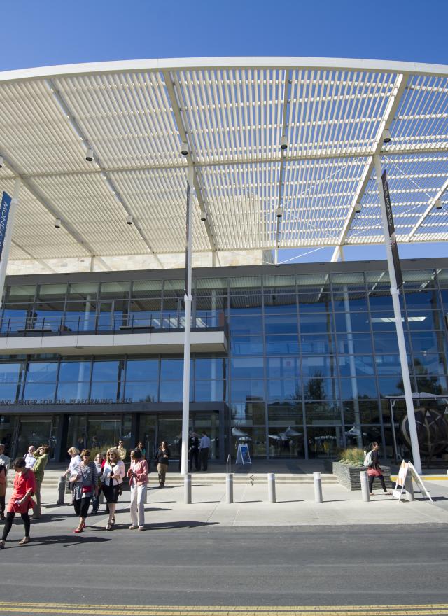 Mondavi Center front at UC Davis with people