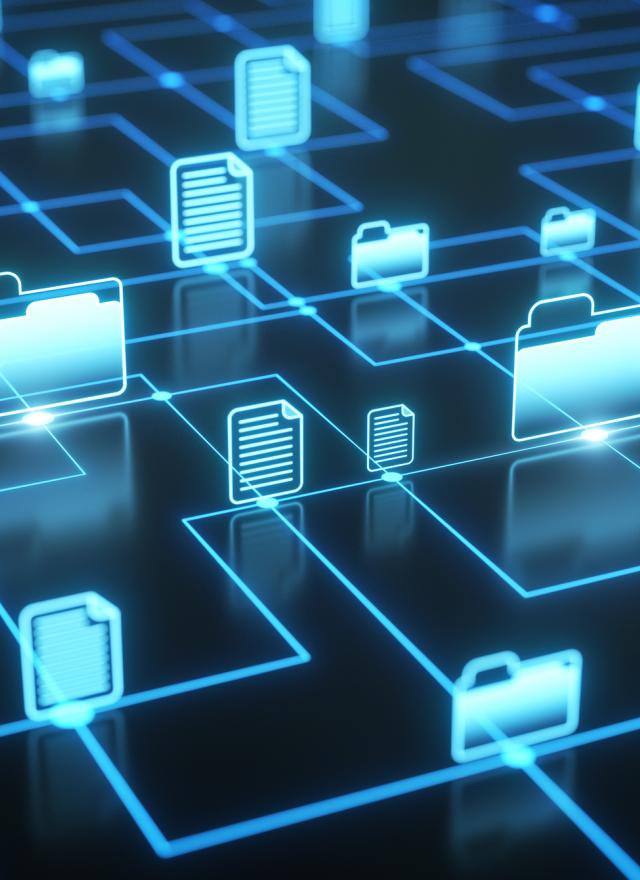 A digital illustration of glowing blue folder and document icons connected by lines, representing data storage, file sharing, and networked information systems.