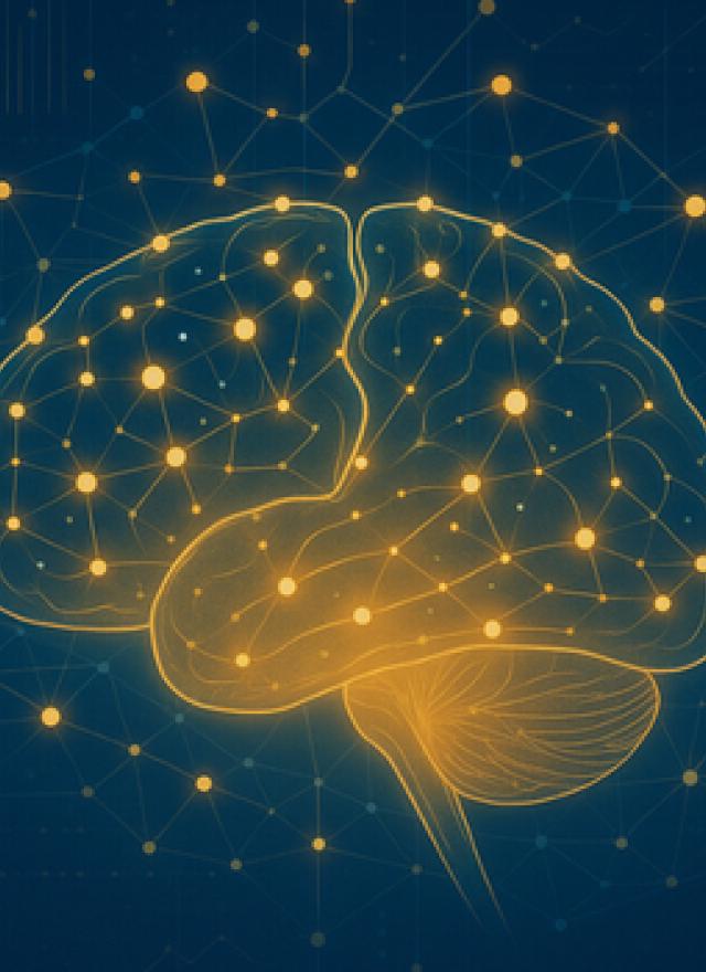 Illustration of a human brain glowing in gold, with interconnected neural nodes and data network lines on a dark blue background, symbolizing artificial intelligence, analytics, and cognitive research.