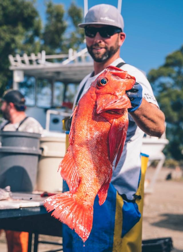 man holding up an orange fish