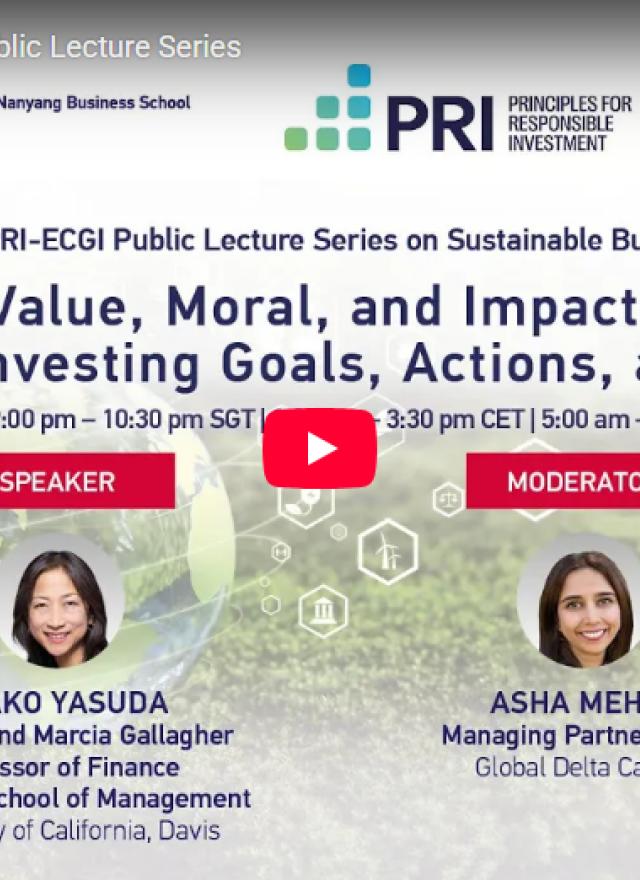 Screenshot of a YouTube lecture titled "Value, Moral, and Impact: Sustainable Investing Goals, Actions, and Outcomes" featuring speaker Ayako Yasuda and moderator Asha Mehta.