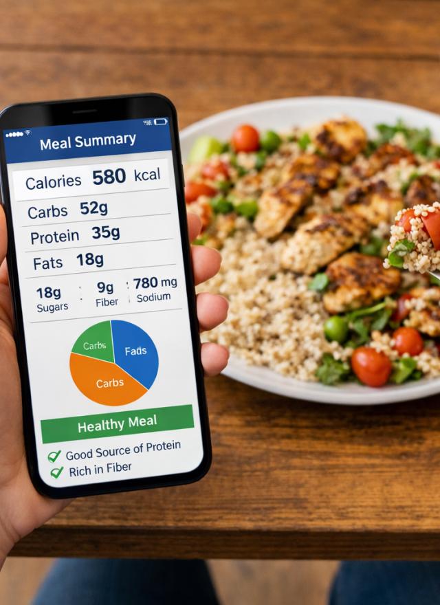 Person holding a smartphone displaying meal nutrition information while eating a plate of grilled chicken, quinoa, and vegetables. A glass of water and sauce are on the table.
