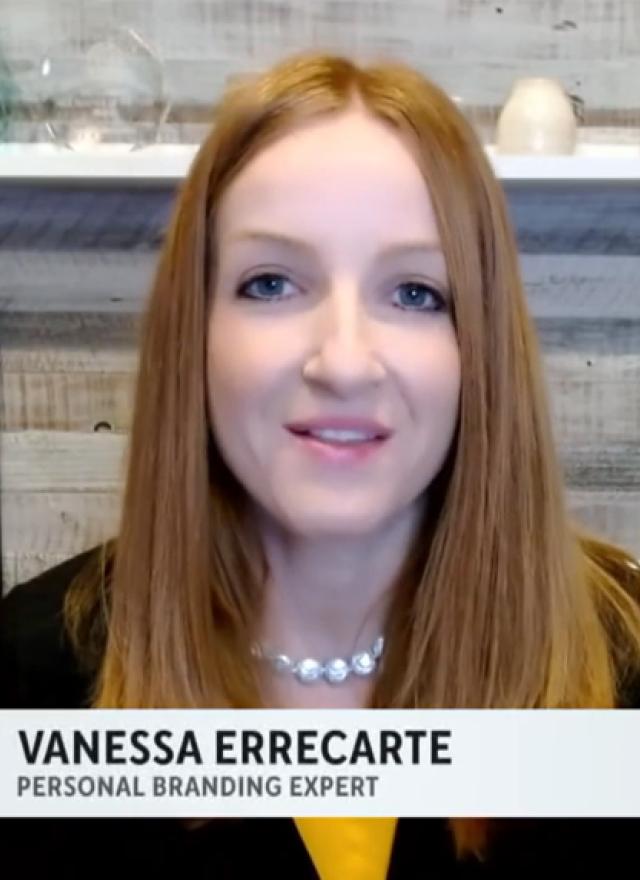 A woman with straight red hair sits in front of shelves with decor and a framed certificate. Text on screen reads "Vanessa Errecarte, Personal Branding Expert.