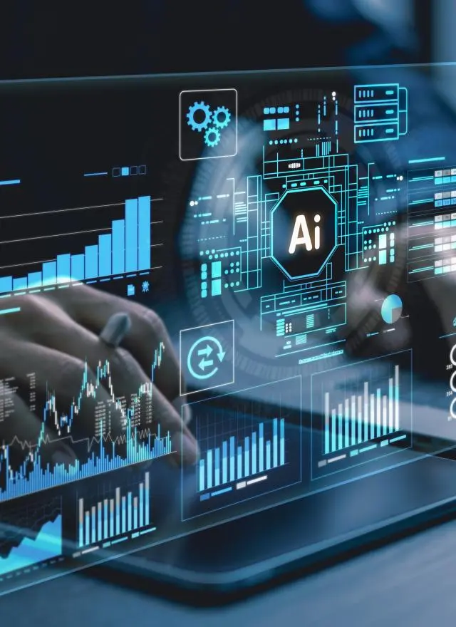 Person using a laptop with virtual screens displaying AI-related data, charts, graphs, and digital interface elements.