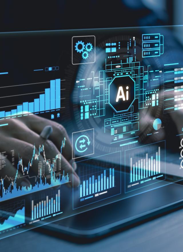 Person using a laptop with virtual screens displaying AI-related data, charts, graphs, and digital interface elements.