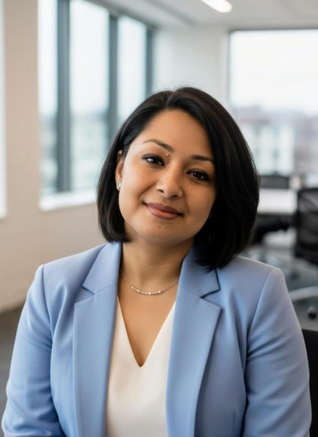 A woman with short dark hair wearing a light blue blazer and white top sits in a modern office with large windows.