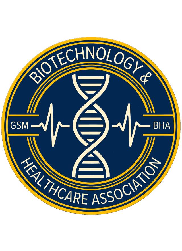 A circular logo for the Biotechnology & Healthcare Association features a DNA double helix and EKG lines, with "GSM" and "BHA" on each side, in navy blue and gold.