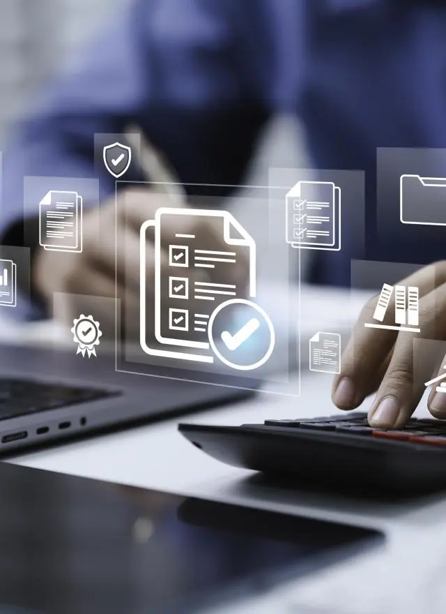 Person using a calculator and laptop at a desk, with digital icons for documents, analytics, and data management overlaid on the image.
