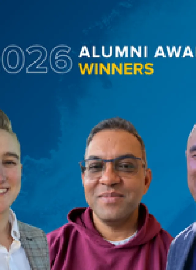 Three people stand in front of a blue background with the text "2026 Alumni Award Winners" above them.