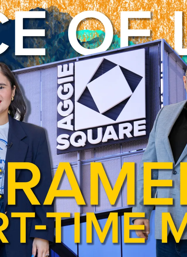 Four people stand smiling in front of the Aggie Square building, with the text “Slice of Life Sacramento Part-Time MBA” displayed in bold letters.