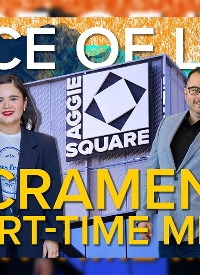 Four people stand in front of an Aggie Square sign with the text “Slice of Life Sacramento Part-Time MBA” displayed over the image.