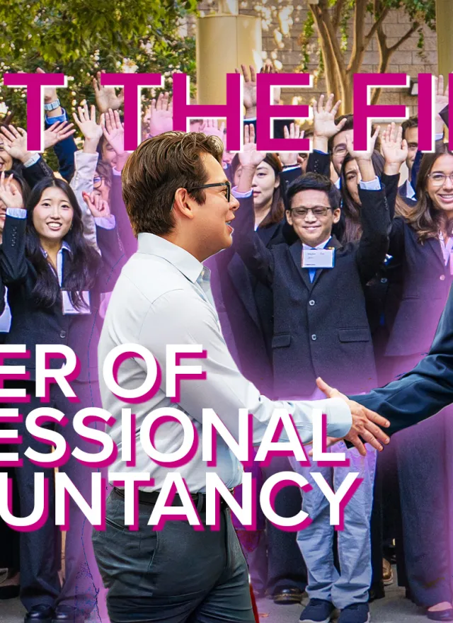 Two people in business attire shake hands in front of a group posing and smiling. Text reads “Meet the Firms. Master of Professional Accountancy.”