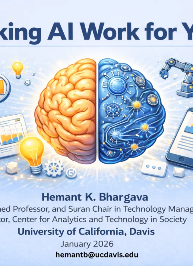 Making AI Work for You“ seminar poster featuring a split brain graphic that is organic on the left and mechanical on the right, with information for Hemant K. Bhargava, University of California, Davis.