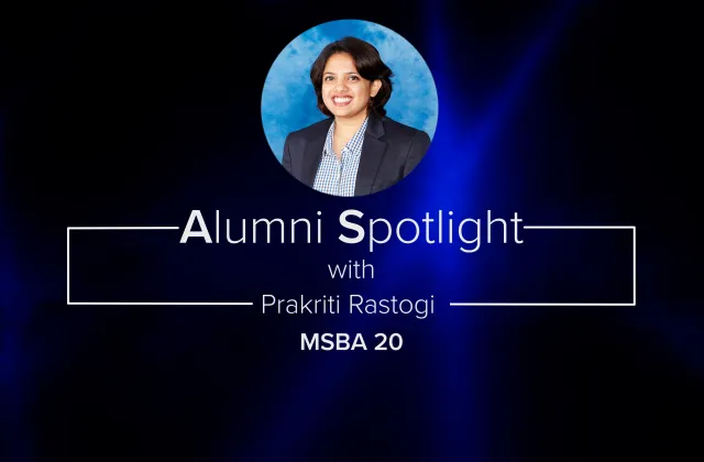 Alumni Spotlight graphic with Prakriti Rastogi 