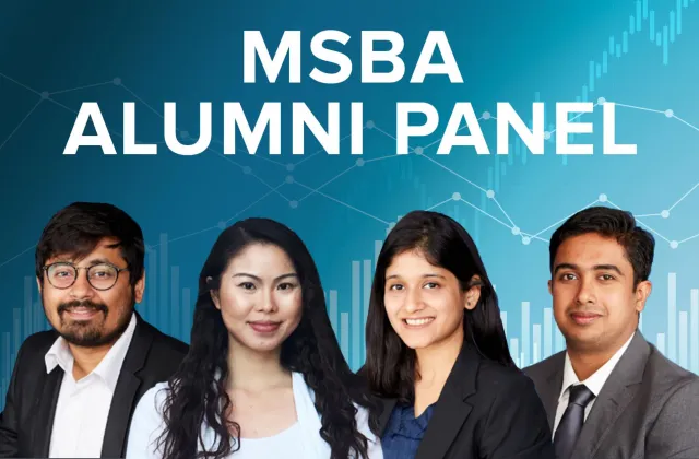 Four professionally-dressed individuals are pictured below the text "MSBA Alumni Panel" on a blue background with data chart graphics.