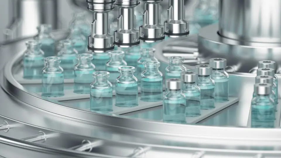 3d render. Pharmaceutical manufacture background with glass bottles with clear liquid on automatic conveyor line.