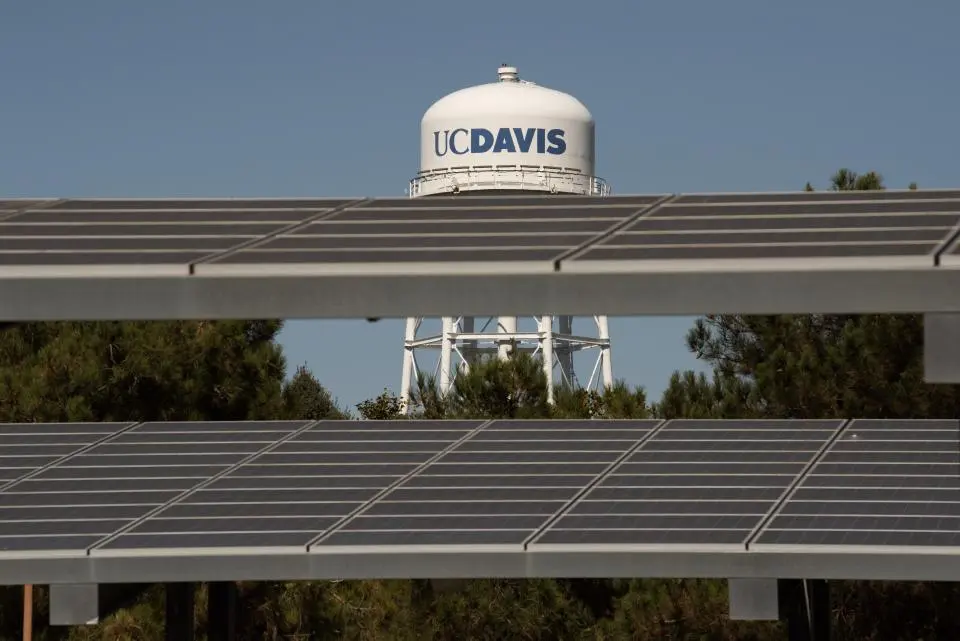 UC Davis solar farm with UC Davis water tower in background