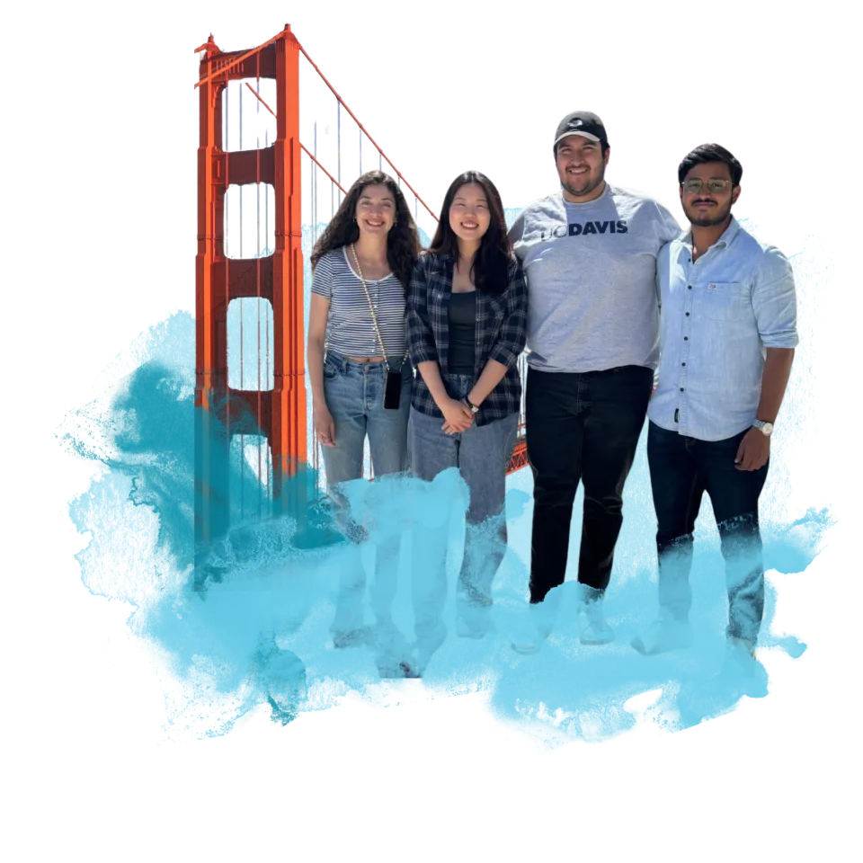 Four people standing in front of the Golden Gate bridge