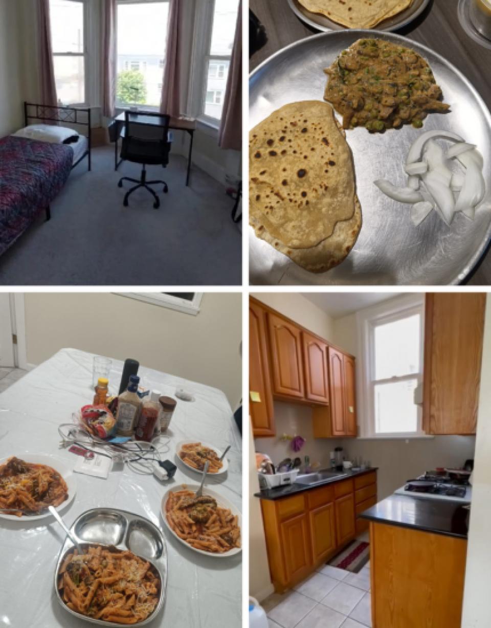 collage of food and snapshots of Vatsal's apartment