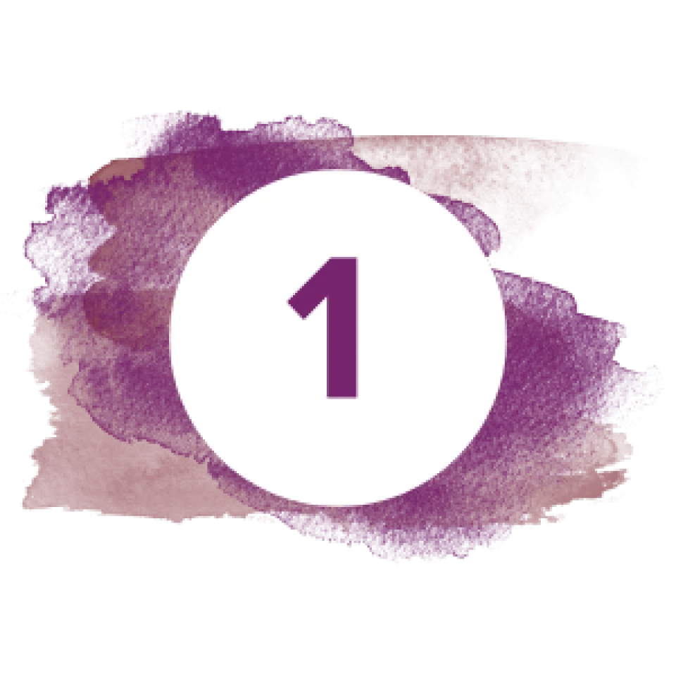 The number 1 on a purple watercolor background