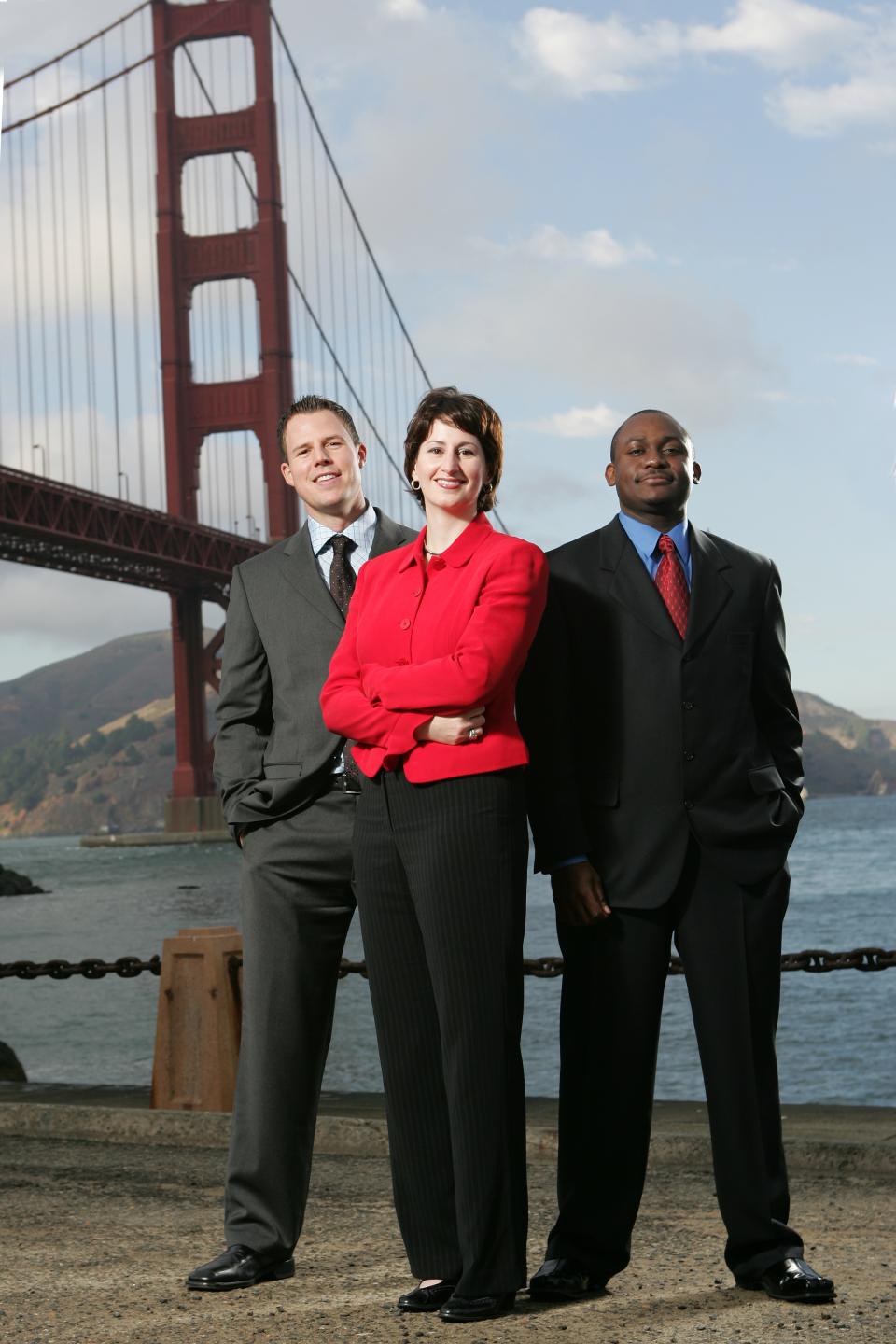 Three Bay Area MBA students in front of Golden Gate Bridge 2005