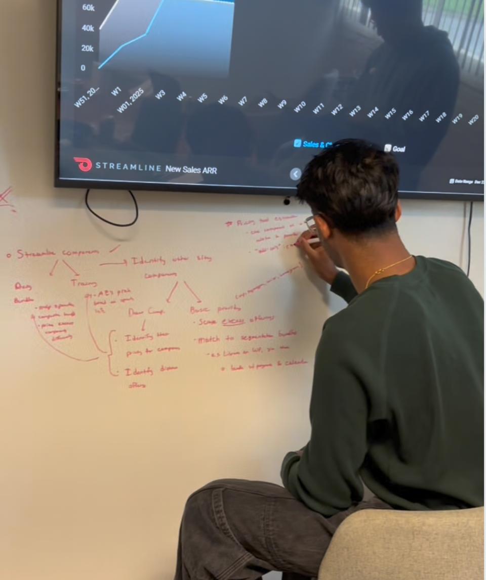 Anirudh Murugesan writing on the wall at the Streamline office