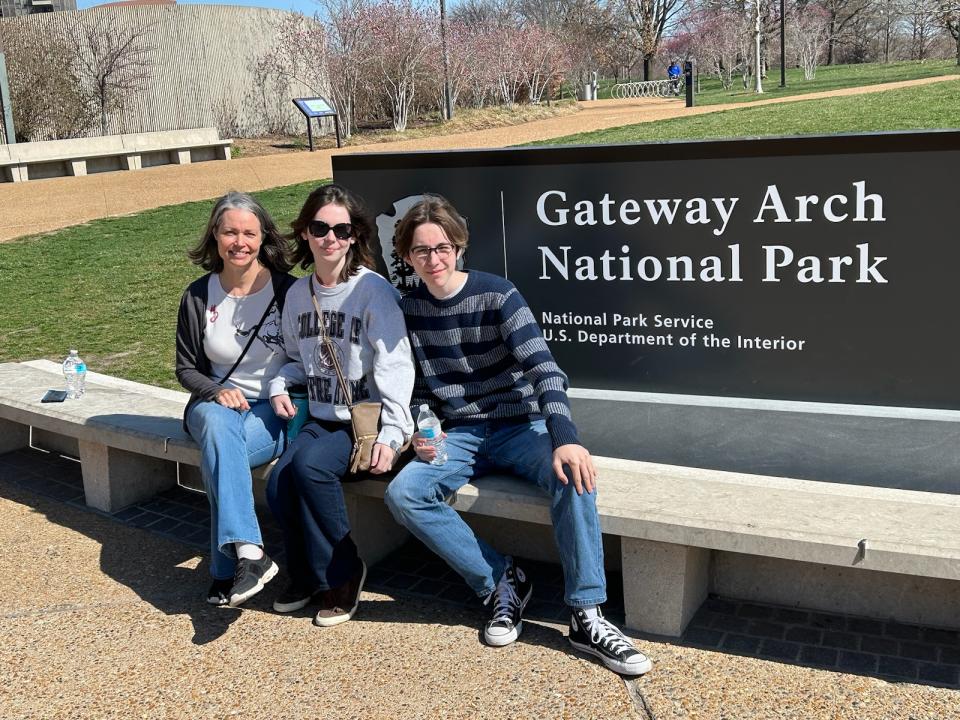 Kristin Berkery with her two children at Gateway Arch National Park