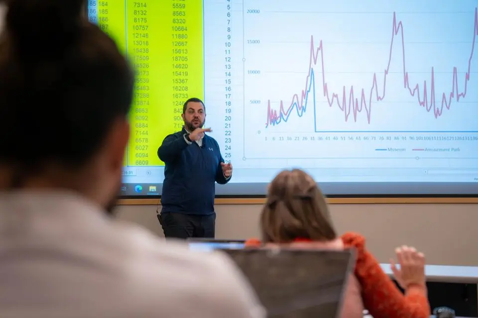 Sebastian Calonico presenting a graph to students