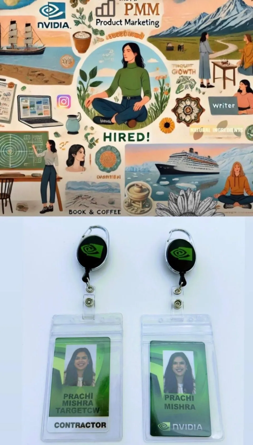 Illustration depicting a professional journey in product marketing and creativity, paired with two NVIDIA employee badges showing Pratchi Mishra as a contractor and later as an NVIDIA employee, symbolizing career progression.