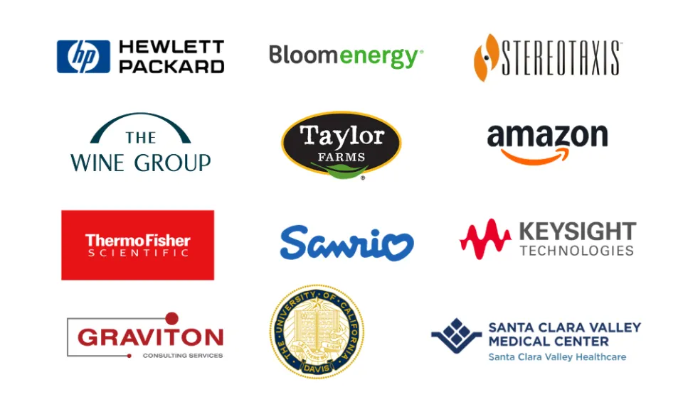 Company Logos: HP, Bloomenergy, Stereotaxis, The Wine Group, Taylor Farms, Amazon, ThermoFisher, Sanrio, Keysight, Graviton, UC Davis, Santa Clara Valley Medical Center
