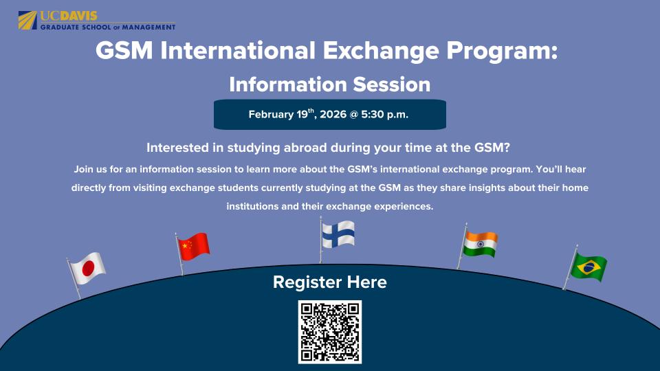 Promotional flyer for the GSM International Exchange Program information session on February 19, 2026, with a QR code and flags of China, Japan, Finland, India, and Brazil.