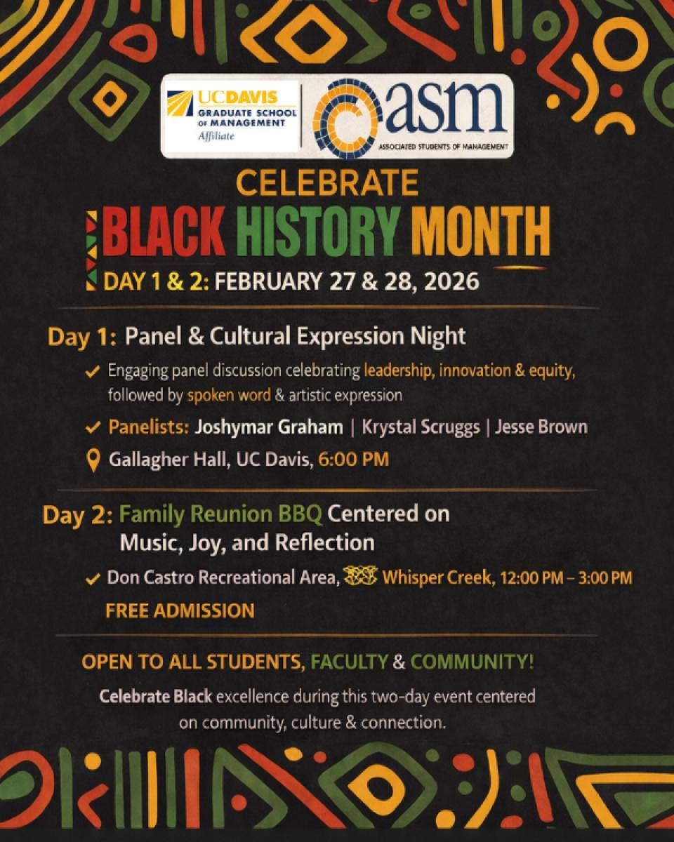 Event flyer for Black History Month celebration, detailing panel discussions and a BBQ on February 27-28, open to all students, faculty and community.