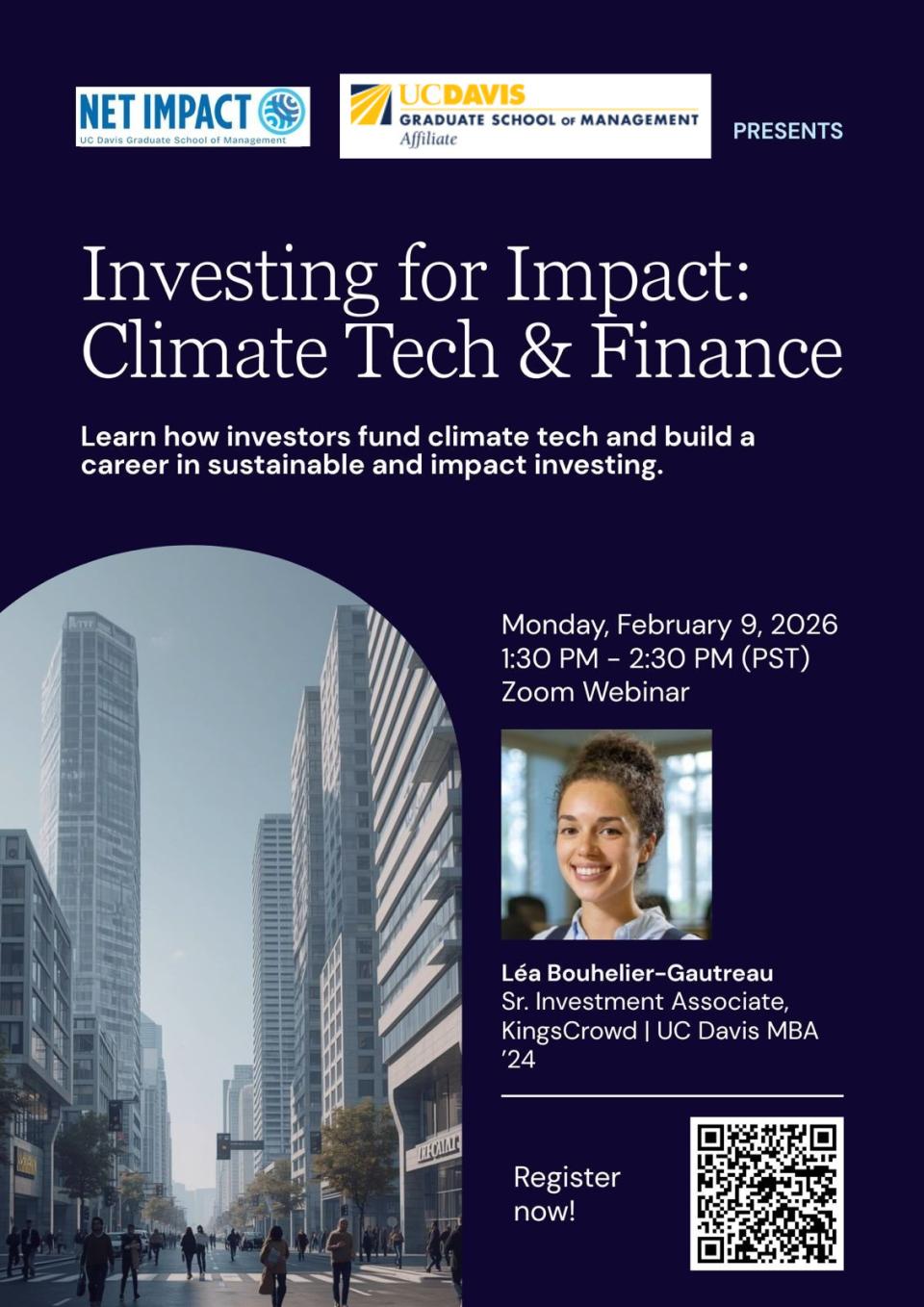 Webinar flyer for "Investing for Impact: Climate Tech & Finance" on Feb 9, 2026, featuring Léa Bouhelier-Gautreau, with cityscape background and event details.
