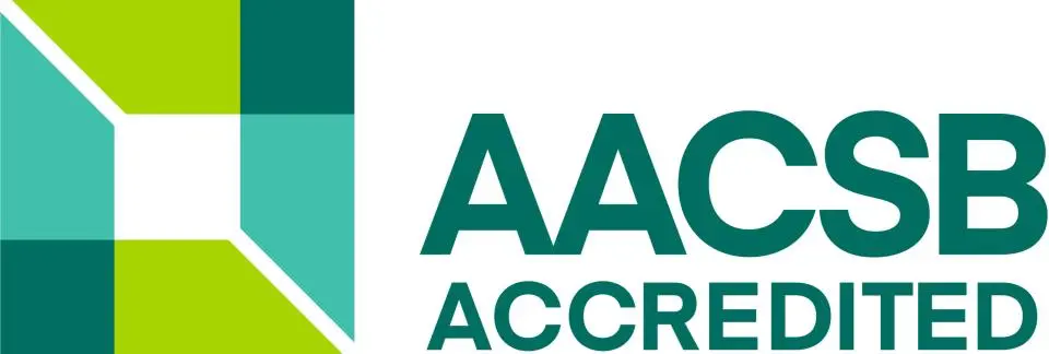 AACSB Accredited logo with geometric green and teal shapes on the left and the text “AACSB ACCREDITED” on the right.