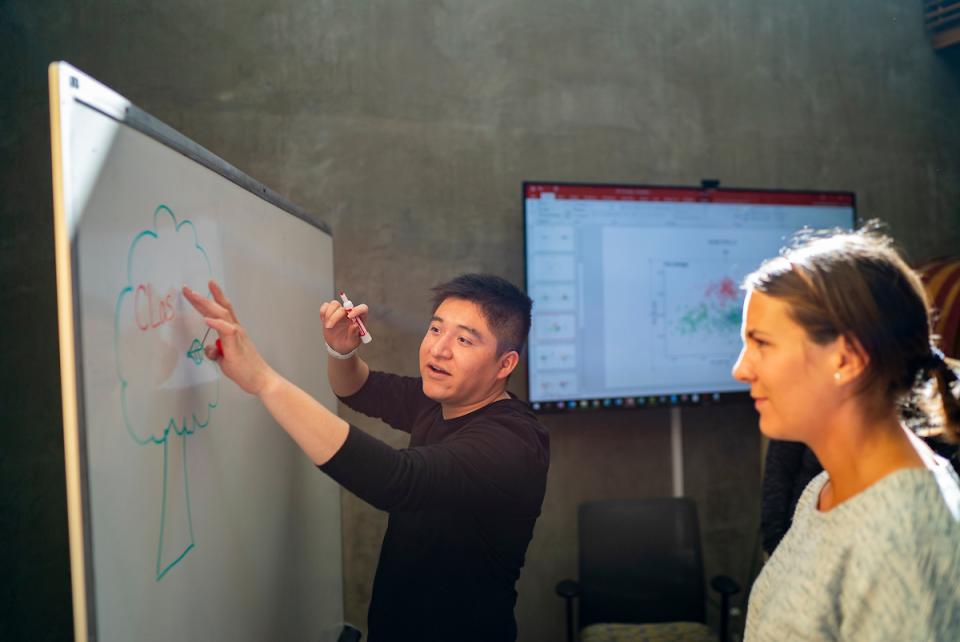 A person draws a tree diagram with the word "CUES" on a whiteboard while explaining to another person; a presentation is displayed on a screen in the background.
